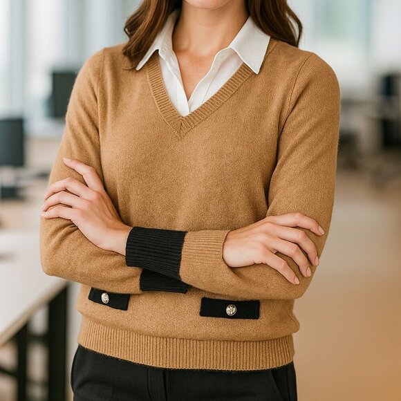 Nanette Lepore Preppy Casual Workwear Twofer Knit Sweater Blouse Camel/Tan XS - Picture 3 of 13